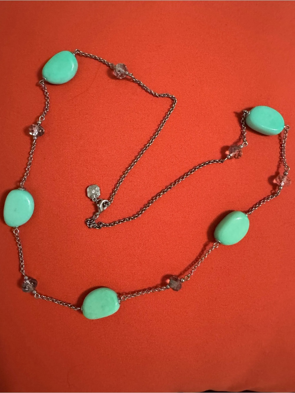 Turquoise Bead Strand Necklace with Silver Chain